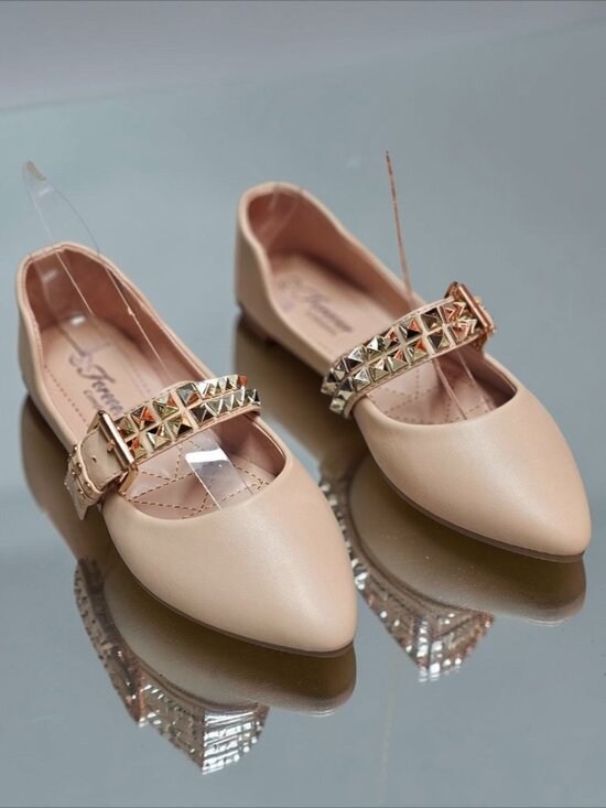Shoes - Studded Metallic Strap Beige Pointed-Toe Flats For Girls - Comfortable & Stylish